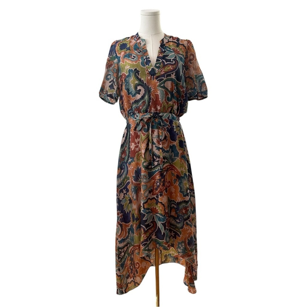 Women's Medium Boho Festival Flowy Pattern Hi-Low Midi Puff Sleeve Relaxed Dress